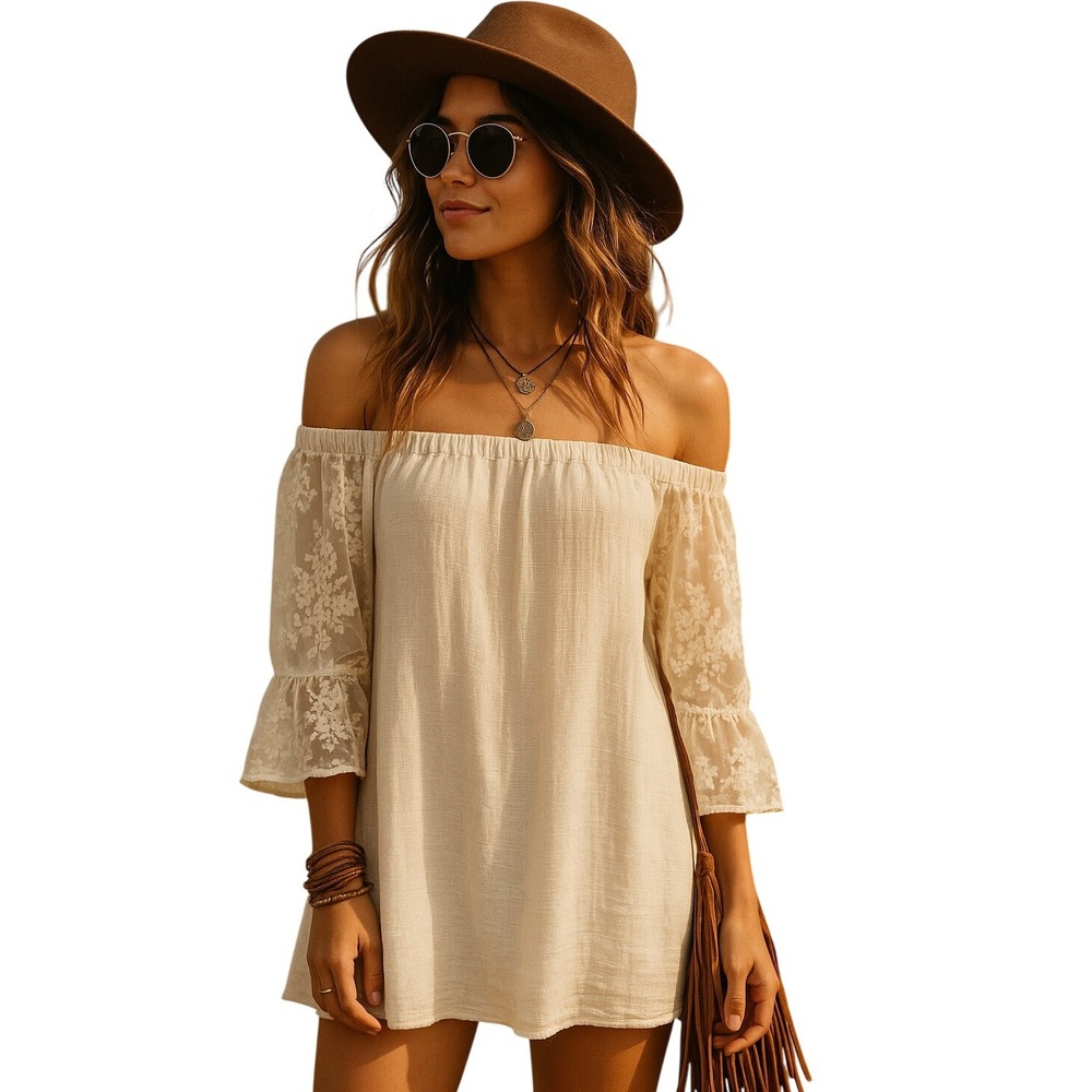 Cal Style Tunic Dress Off the Shoulder 3/4‎ Lace Sleeve Beige Boho Chic Festival